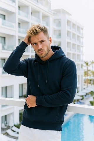 Rich Erkek Lacivert Pamuklu Cep Detaylı Kapüşonlu Sweatshirt Lacivert