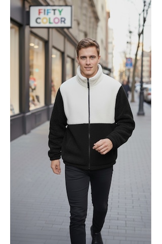 Premium Kalite Renk Bloklu, Fermuarlı, Dik Yaka, Sherpa, Polar, Peluş Ceket Siyah - Beyaz
