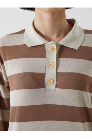 Lcwaıkıkı Classic Kahverengi Polo Yaka Çizgili Kadın Tişört
