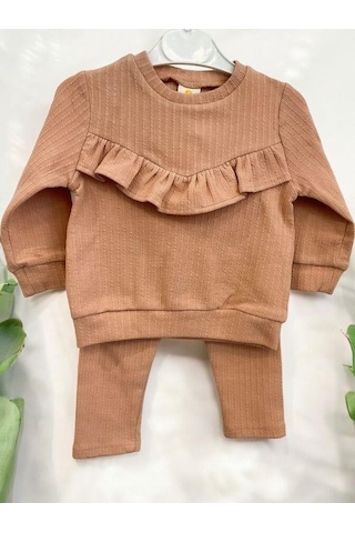 Zekids Kız Çocuk Pamuklu Fırfır Detaylı Taytlı Takım-14295 Kahverengi