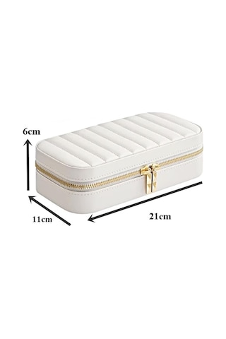 Premium Takı Organizeri, Beyaz Mücevher Kutusu, Gold Renk Fermuarlı, Yüzük Ve Küpe Bölmeli, 21x11x6 Cm