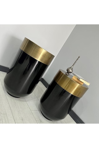 Dekoratif Eskitme Darbuka Parlak Siyah Saksı 70cm + Sehpa 60cm İkili Set