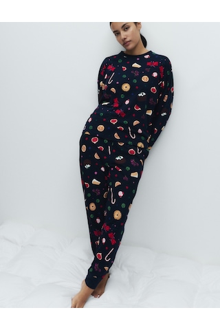 Marks & Spencer Saf Pamuklu Yılbaşı Desenli Pijama Takımı T37002275J Lacivert