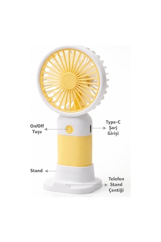Standlı 3 Mod Şarjlı El Fanı 5 Kademe Seyahat Masaüstü Vantilatör Taşınabilir Mini Fan Sarı F139