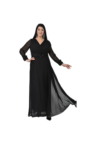 Lilas Xxl Kadın Büyük Beden Uzun Şifon Abiye Elbise 9573 Siyah