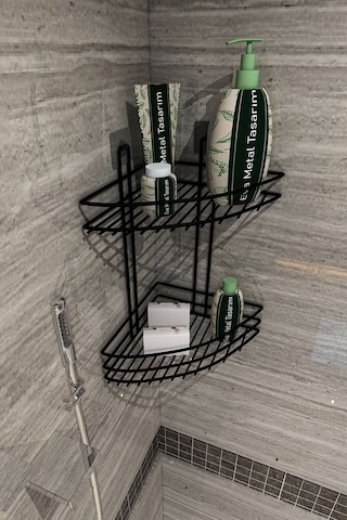 Corelle Kitchen Yapışkanlı 2 Katlı Banyo Köşeliği Köşe Rafı Duş Şampuanlık Duvar Düzenleyici Organizer Raf Siyah