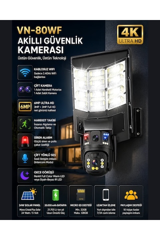 Onqam Vn-80swf 6mp Çift Kameralı Solar Sokak Lambalı Wifi Güvenlik Kamerası, 7-24 İzleme, Pır Sensör, Alarm
