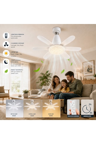 E27 Duylu Kumandalı 6 Kanatlı Pervaneli Led Tavan Lambası 30w 3 Renk Işıklı Fanlı Avize