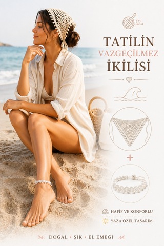 Kadın El Örgüsü Üçgen Bandana Halhal Ayak Bilekliği Hediyeli Bohem Yazlık Saç Bandanası Plaj Tatil Festival Aksesuarı Beyaz İnci
