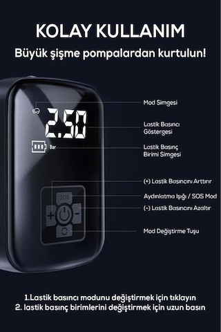 Taşınabilir 150 Psı 3600mah Kablosuz Şarjlı Dijital Hava Kompresörü Lastik Pompası