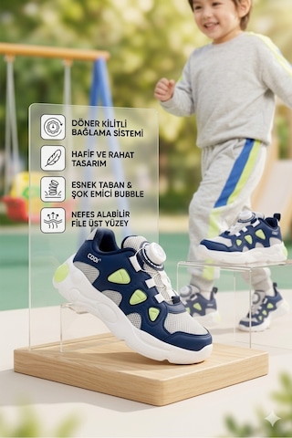 Cool Kids Erkek Çocuğu Yazlık Mavi Işıklı Mekanizma Bağcıklı Ortopedik Tabanlı Spor Ayakkabısı Ekstra Hafif