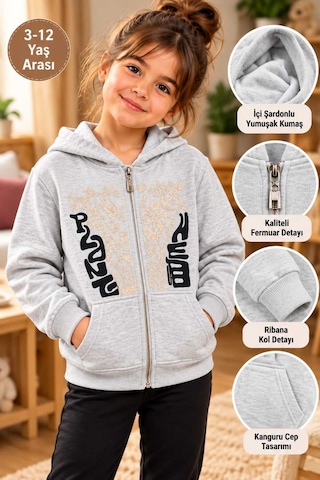Üç Gül Ticaret Kız Çocuk Kapüşonlu Fermuarlı Şardonlu Sweatshirt Gri 3-12 Yaş Gri Gri