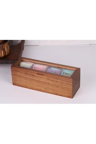 Atby Akasya Ahşap Kapaklı 5 Bölmeli Çay Kutusu 26,5x9x9 Cm Şeffaf Kapaklı Çay Ve Kahve Düzenleyici Kutu Ahşap