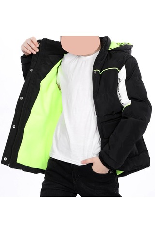 Erkek Çocuk Kolları Renk Bloklu Yazı Desenli Şerit Detaylı Fermuar Çıtçıt Kapamalı Siyah Renk Mont Siyah