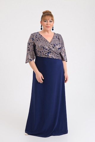 Lilas Xxl Kadın Büyük Beden Kruvaze Yaka Kısa Kollu Uzun Abiye Elbise 9670 Lacivert Lacivert