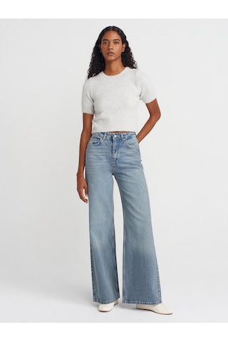Dilvin 72039 Dökümlü Geniş Denim Pantolon-mavi Mavi