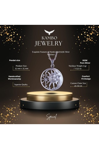 925 Ayar Gümüş Güneş Ve Ay Kolye - Göksel Kolye - El Yapımı Gümüş Takı Gümüş