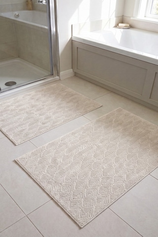 Raschel Carpet Yaprak Desenli Premium Seri Özel Kaymaz Taban Banyo Paspası 2'li Set 50x60 Ve 60x100 Krem