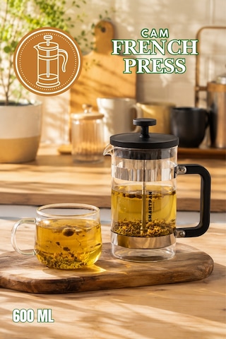 Porsima Smartpan Bv008 French Press Paslanmaz Çelik Süzgeçli Cam Bitki Çayı Demliği Kahve Presi - 600 Ml Siyah