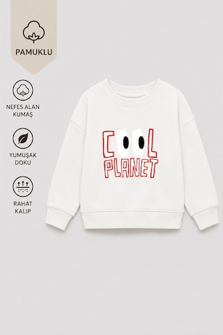 Monila Unisex Çocuk 3 İplik Kumaş Baskılı Pamuklu Sweatshirt Ekru