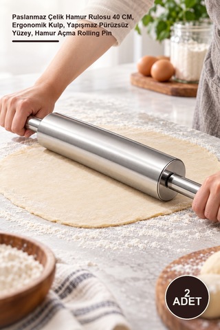 2 Adet Çelik Merdane Paslanmaz Çelik Hamur Rulosu 40 Cm, Ergonomik Kulp, Yapışmaz Pürüzsüz Yüzey, Hamur Açma Rolling Pin