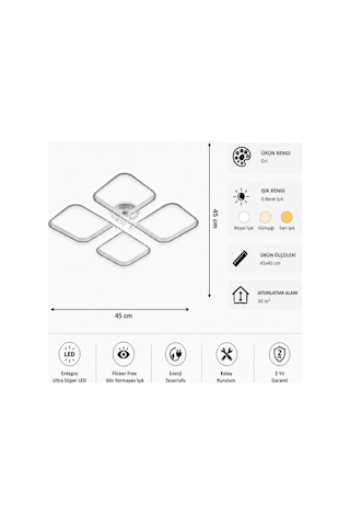 Nuvo Led Plafonyer Avize 3 Renk Kumandalı Gri