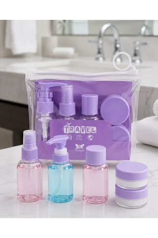 Şeffaf Seyahat Dolum Şişesi Seti 5 Parça Kozmetik Organizer Mor