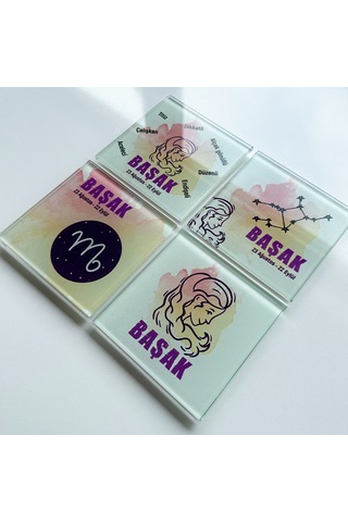 Cam Bardak Altlığı Burçlar - Başak Burcu 4'lü Takım 10cm X Beyaz