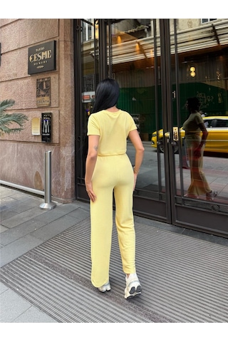 WeShaya Sarı Modal Keten Desenli Bisiklet Yaka Takım Sarı