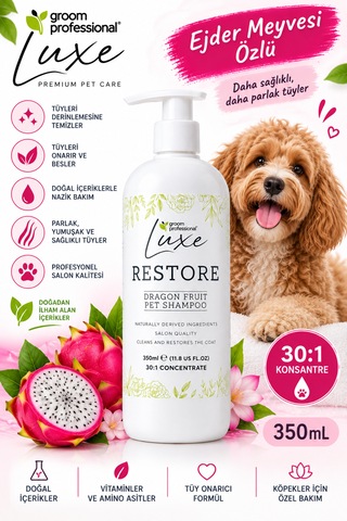 Groom Professional Luxe Ejder Meyveli Tüy Onarıcı Köpek Şampuanı 350 Ml 1:30 Konsantre