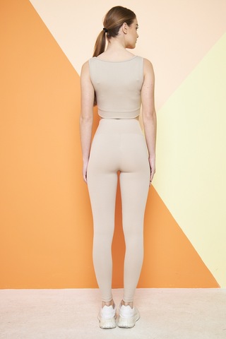 Haki Yüksek Bel Fitilli Toparlayıcı İnterlok Örme Şardonlu Spor Kışlık Tayt Bej