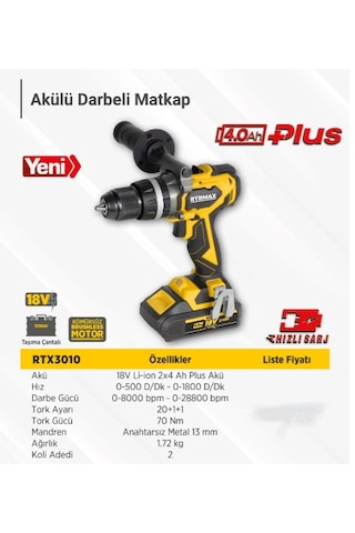 Rtrmax RTX3010 Akülü 80 NM 2 x 4AH Plus Akü Darbeli Matkap