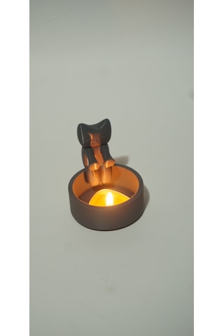 Isınan Sevimli Kedi Mumluk - Dekoratif Biblo Ve 3d Maket Obje 7cm Gri
