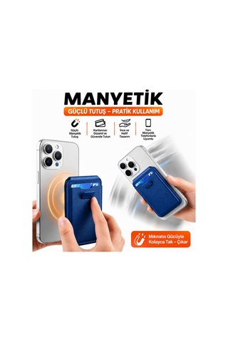 Magsafe Cüzdan Kartlık Güçlü Manyetik Standlı Telefon Kartlığı İphone Uyumlu Deri Cüzdan Mavi-14914