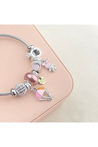 Charm Bileklik Tavşan Uçan Balon Figürlü Çelik Bileklik Gümüş Pembe Gümüş