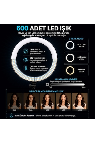 Döküm Ayaklı 22 Inç 600 Led Tripod Rıng Lıght Işık Influencer Youtuber Işığı Güzellik Makyaj Led Zb-f488
