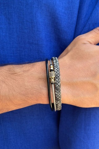 El İşçiliği İle Üretilmiş Hakiki Deri Erkek Bileklik Beyaz - Altın