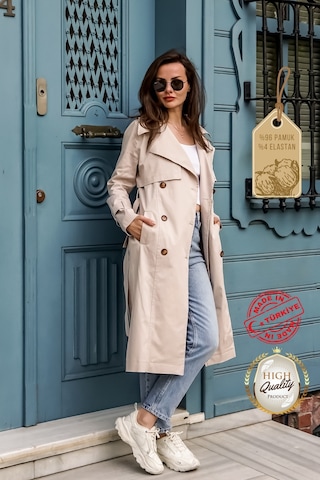 Pastelastore Esnek Pamuk Gabardin Uzun 110cm Astarsız Kadın Trençkot 1117 Taş Rengi Taş