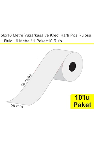 56x16 Metre Termal Kredi Kartı Ve Yazarkasa Pos Rulosu 10'lu Paket