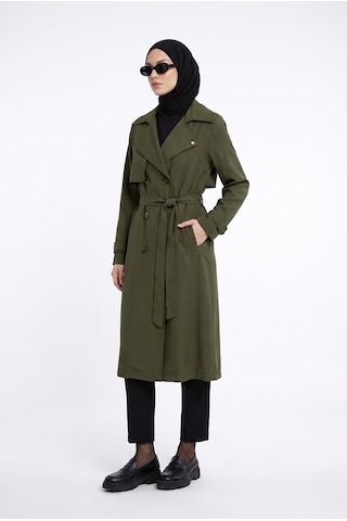 Armine Trend Belden Kuşaklı Aller Detaylı Tencel Kumaş Trençkot Haki 26ytd714