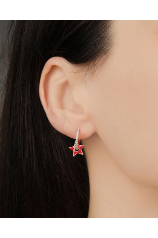 Lekka Design Kadın Kararmaz Çelik Lüks Zirkon Taşlı Kırmızı Mineli Yıldızlı Küpe