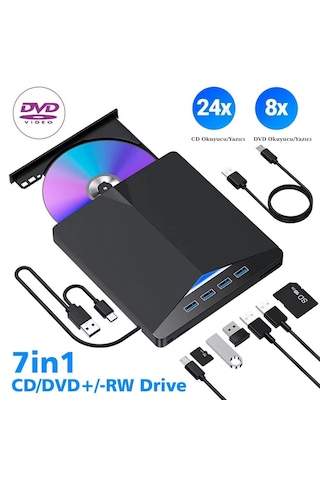 Çok Fonksiyonlu Harici Cd Dvd Sürücü 7 In 1 Harici USB 3.0 Type-c Yazıcı Okuyucu Laptop Mac Win