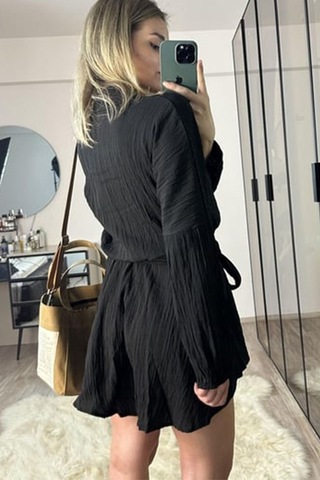 Fashion Cocktail Uzun Kol Casual Kabartma Kumaş Yakalı Düğmeli Boyfriend Gömlek Stil Şortlu Tulum Siyah