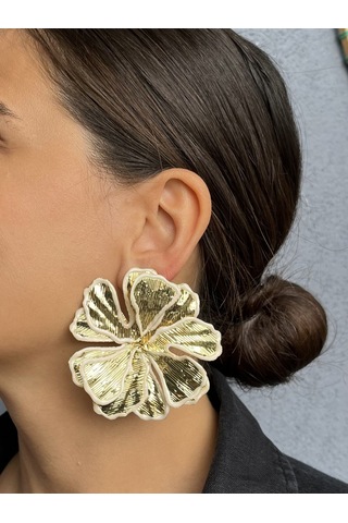 Beyaz Ve Altın Desenli Büyük Yaprak Küpe Çok Renkli