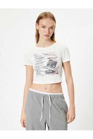 Koton Crop Baskılı Tişört Kısa Kollu Bisiklet Yaka Slim Fit Pamuklu Ekru 4sal10916ık Ekru