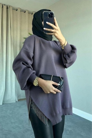 De Pose Yarı Zincirli Tesettür Triko Kazak Mürdüm