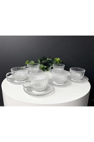 Çnr Home Collection 6'lı Cam Fincan Seti - Zarif Desenli Cam Bardak Takimi Şeffaf