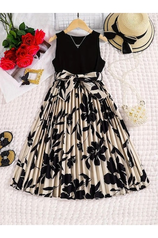 Dessie Pileli Kız Çocuk Elbise- Çiçekli Elbise Mezuniyet Elbisesi, Mezuniyet Kıyafeti, Yazlık Elbise A.Yeşil