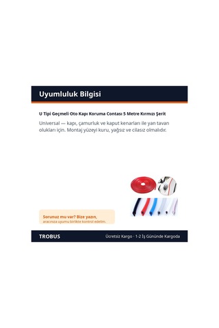 Trobus U Tipi Geçmeli Oto Kapı Koruma Contası 5 Metre Kırmızı Şerit