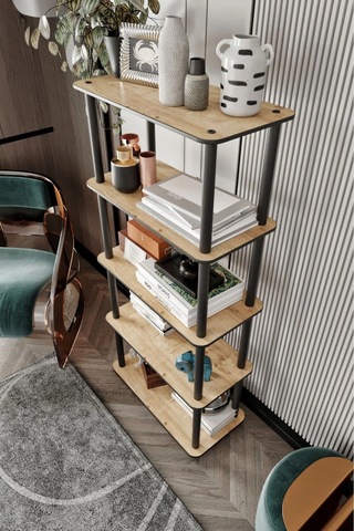 5 Katlı Dekoratif Diktörtgen Kitaplık Meşe Meşe